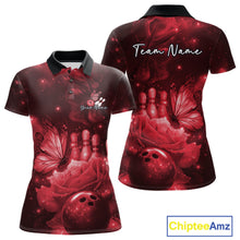 Load image into Gallery viewer, Custom Red Butterfly And Roses Bowling Women Polo Shirts, Ladies Bowling Team IPHW10879