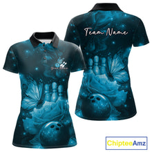 Load image into Gallery viewer, Custom Blue Butterfly And Roses Bowling Women Polo Shirts, Ladies Bowling Team IPHW10880