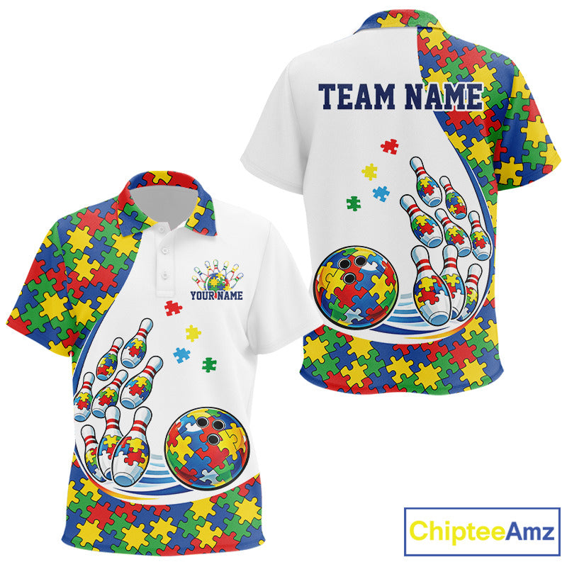Kid wearing white polo shirt mockup front and back featuring colorful autism bowling strikes and puzzle-inspired graphics
