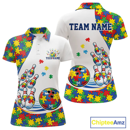 Women’s polo shirt mockup front and back featuring colorful autism bowling strike theme with puzzle-inspired graphics on white fabric