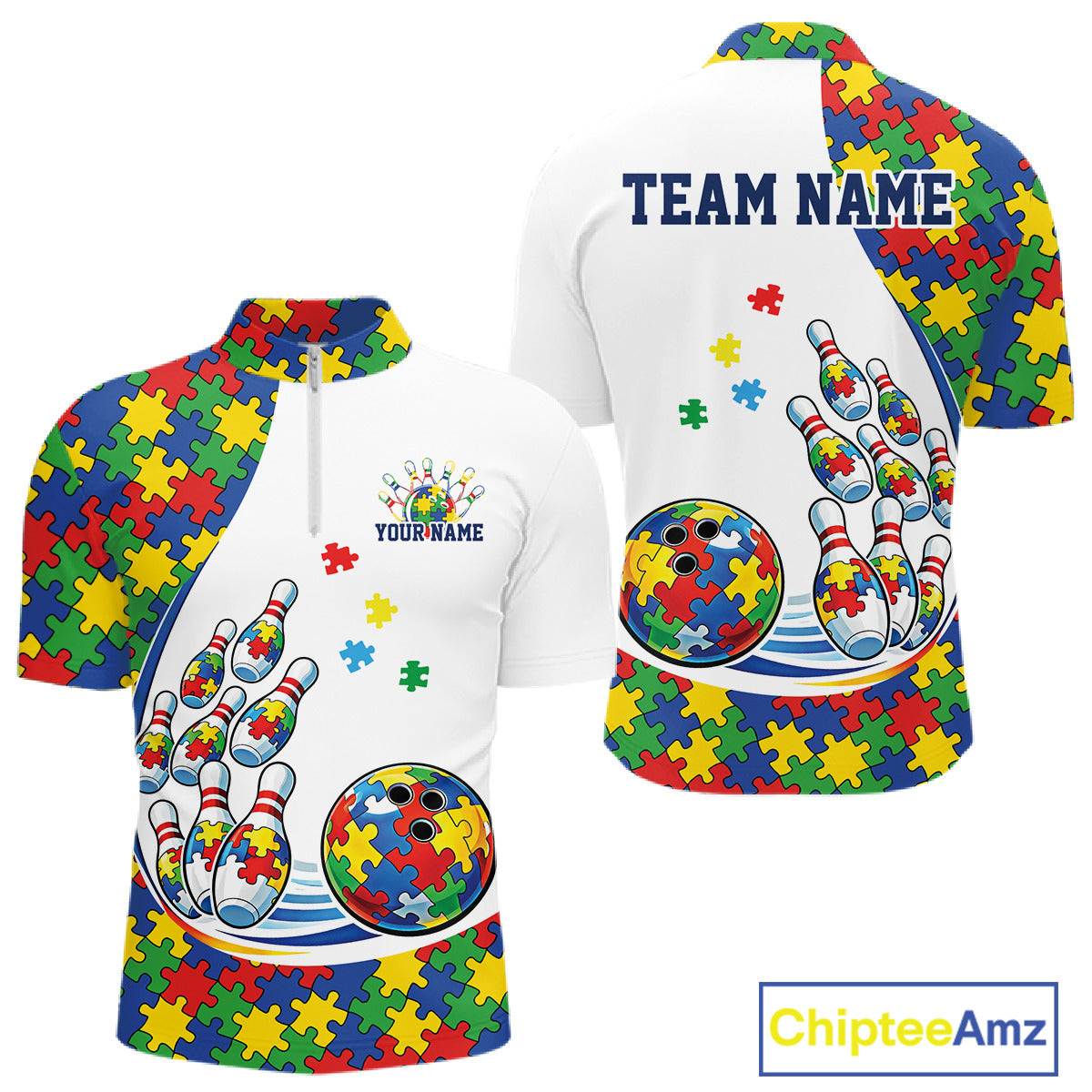 Front And Back View Of White Mens Bowling Quarter-Zip Shirt Mockup Featuring Colorful Autism-Themed Bowling Strike Artwork And Puzzle-Inspired Graphics