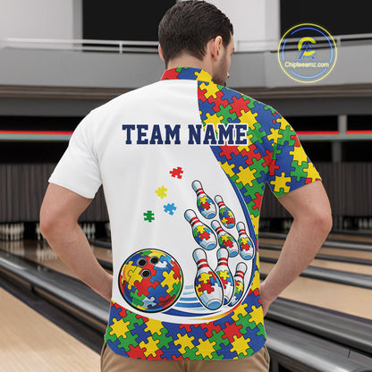 At Bowling Venue, Front View Of Male Model In White Quarter-Zip Shirt, Autism-Themed Bowling Strike Artwork With Vibrant Puzzle Pattern Design