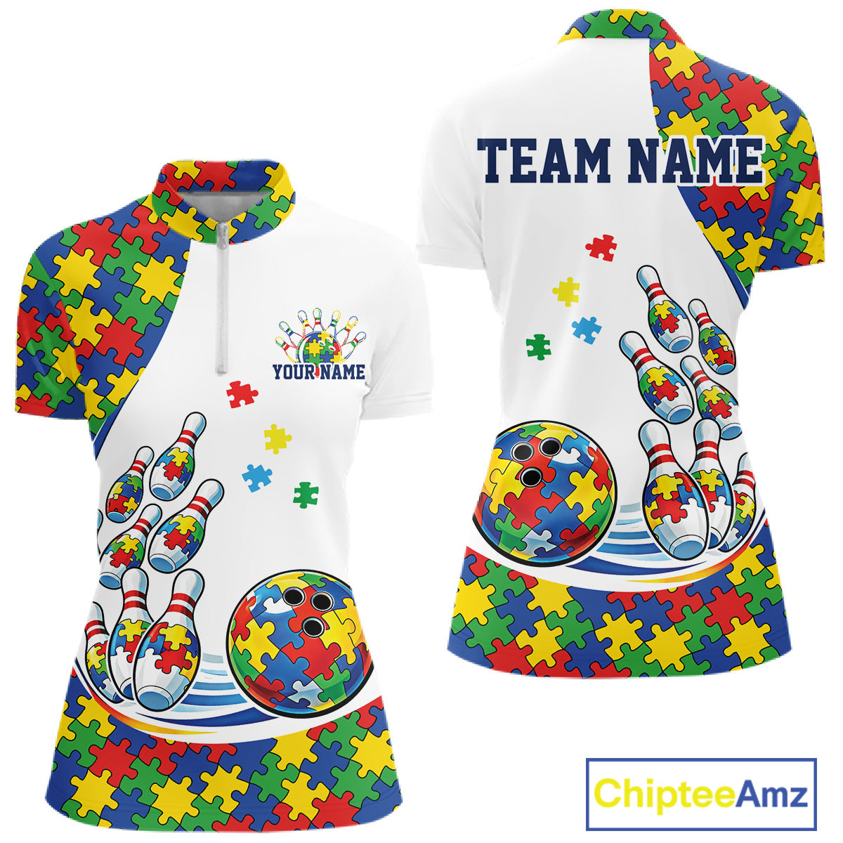 Front and back view of a women’s quarter-zip bowling shirt mockup in white, featuring colorful autism-themed bowling strike design with puzzle-inspired graphics.