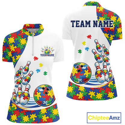 Front and back view of a women’s quarter-zip bowling shirt mockup in white, featuring colorful autism-themed bowling strike design with puzzle-inspired graphics.
