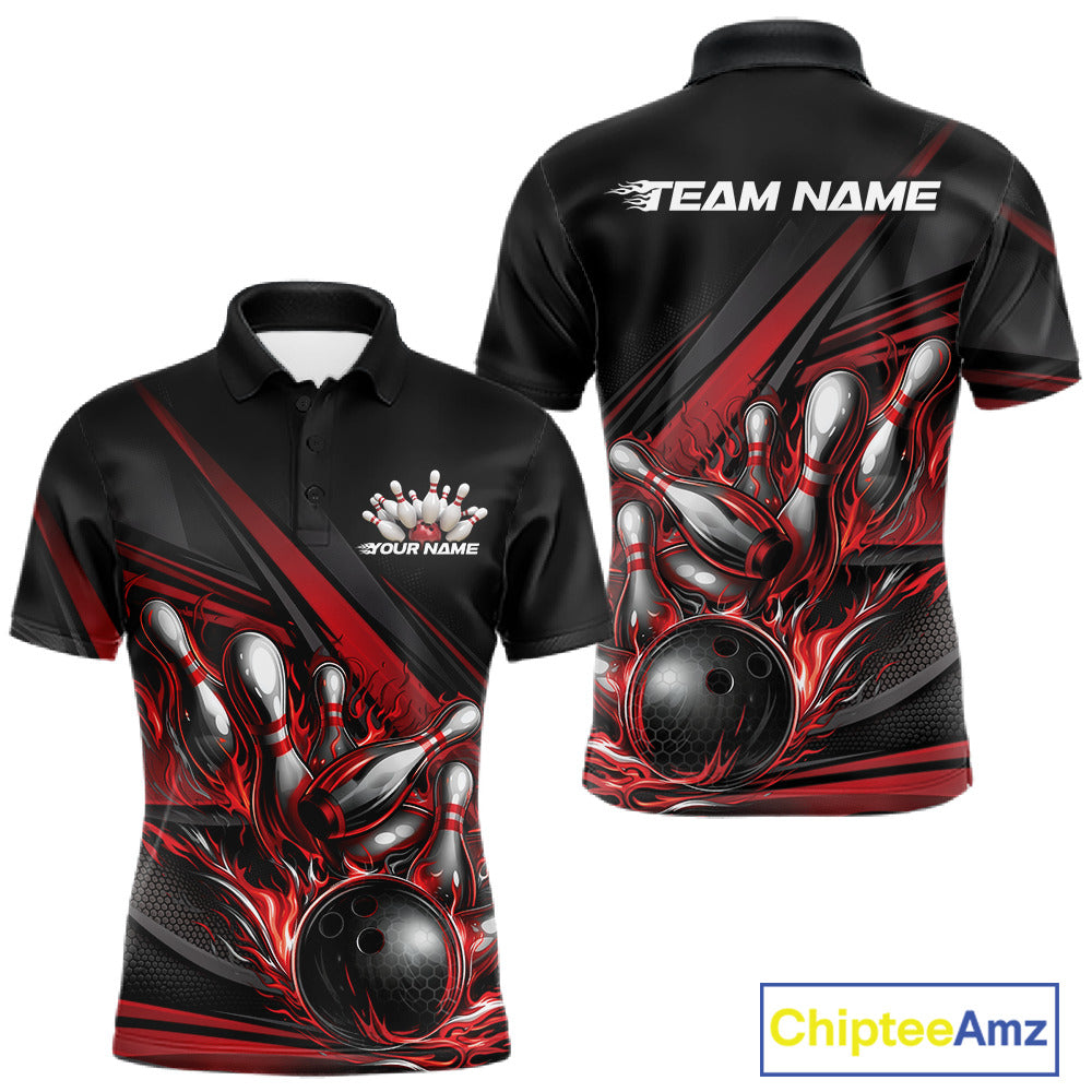 Men’s bowling polo shirt mockup front and back featuring red flame bowling ball striking pins with abstract geometric stripes on black shirt