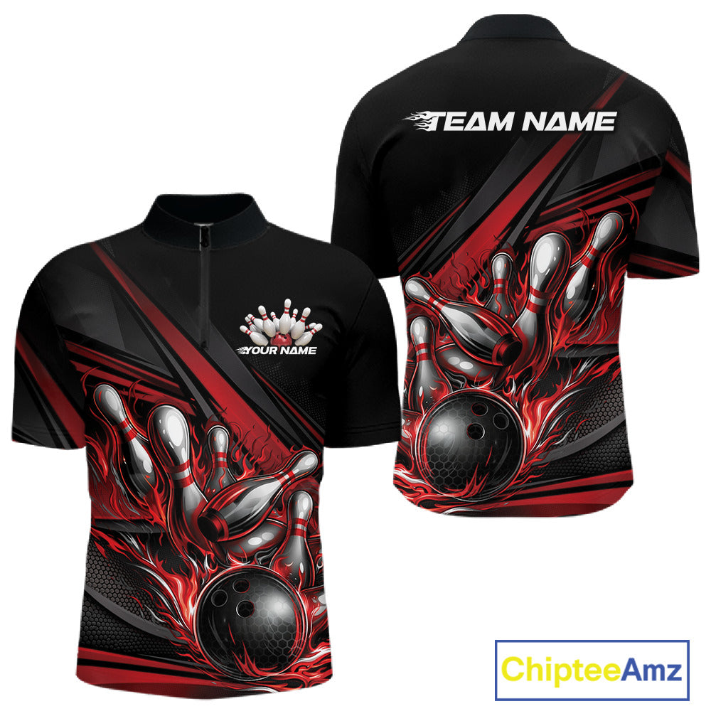 Front and back view of a men’s quarter-zip bowling shirt mockup in black, featuring red flame bowling ball striking pins with geometric stripe accents.