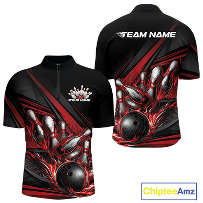 Front and back view of a men’s quarter-zip bowling shirt mockup in black, featuring red flame bowling ball striking pins with geometric stripe accents.