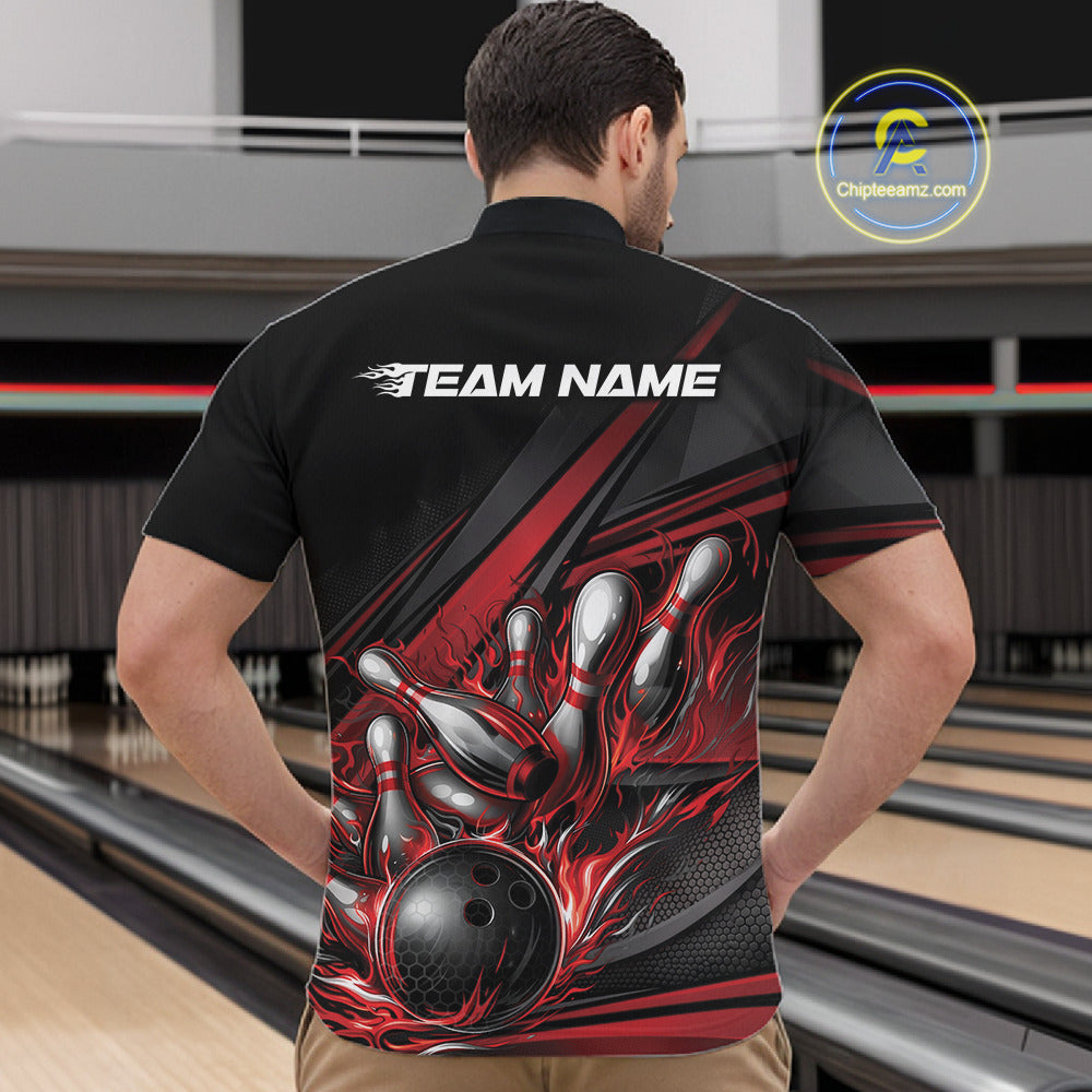 Male model in a bowling lane wearing a black quarter-zip shirt, red flame bowling strike illustration with bold geometric motion effects.