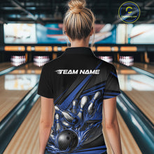Load image into Gallery viewer, Custom Black And Blue Flame Bowling Team Jersey, Bowling Tournament Women Polo Shirt IPHW11206