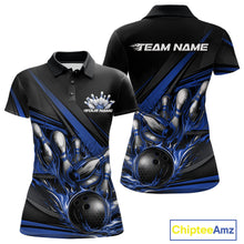 Load image into Gallery viewer, Custom Black And Blue Flame Bowling Team Jersey, Bowling Tournament Women Polo Shirt IPHW11206