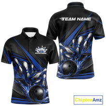 Load image into Gallery viewer, Custom Black And Blue Flame Bowling Team Jersey, Bowling Tournament Men Polo Shirt IPHW11206