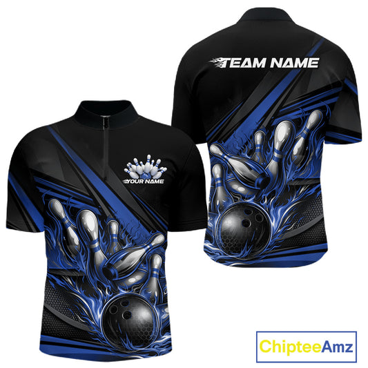 Front and back view of a men’s quarter-zip bowling shirt mockup in black, featuring blue flame bowling ball striking pins with abstract stripe design.