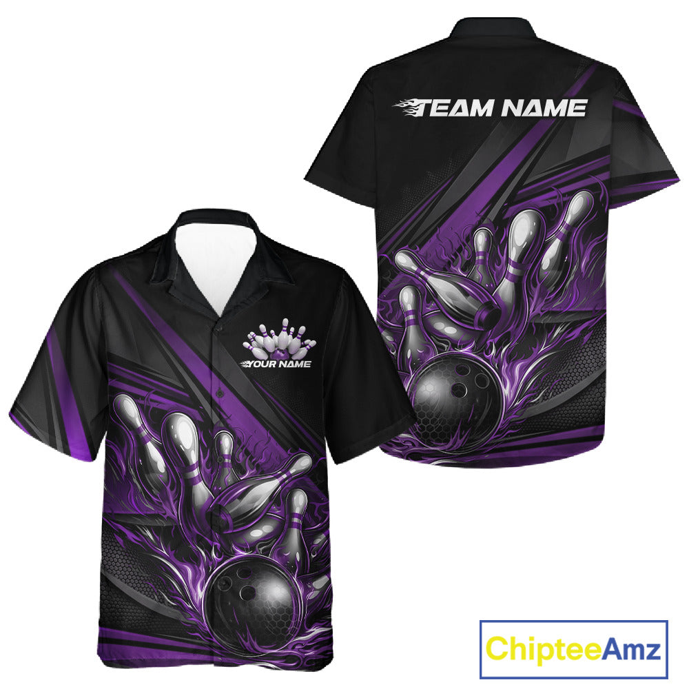 Button-up bowling shirt mockup showcasing black shirt with purple flame bowling ball striking pins and abstract stripe composition