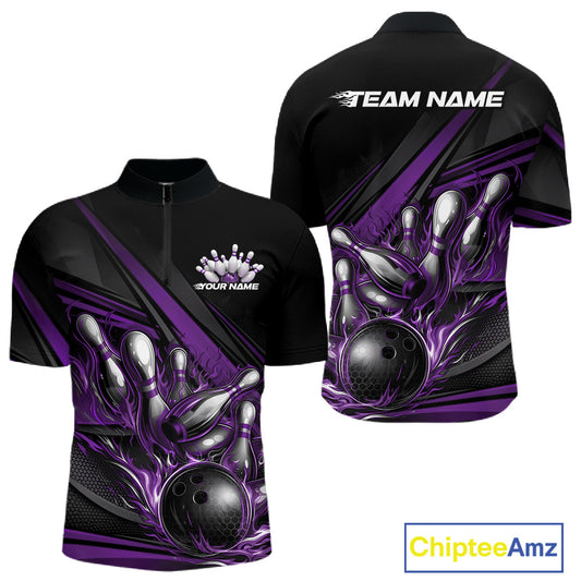 Front and back view of a men’s quarter-zip bowling shirt mockup in black, featuring purple flame bowling ball striking pins with abstract geometric stripes.