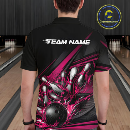 Male model at a bowling lane, back view of black polo shirt showcasing hot pink flame bowling ball and pins with abstract stripe artwork