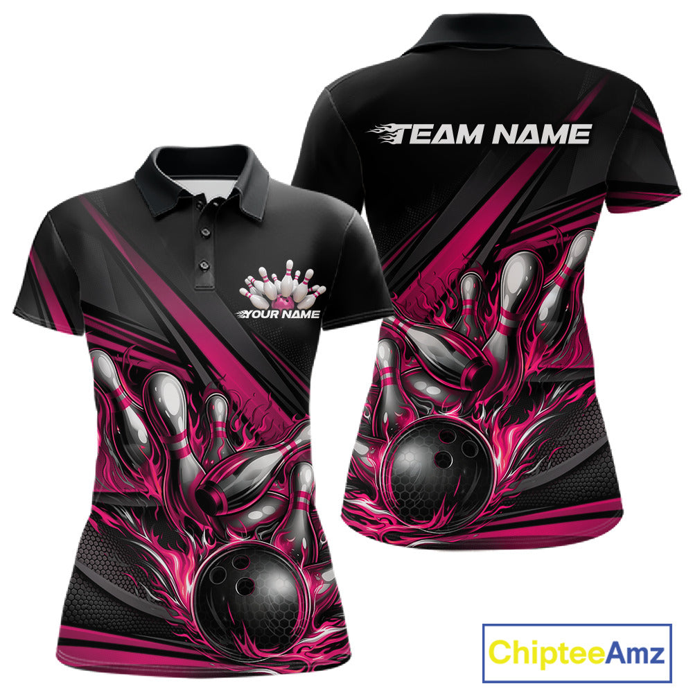 Women’s polo shirt mockup front and back showing hot pink flame bowling ball striking pins with abstract geometric stripe accents on black fabric