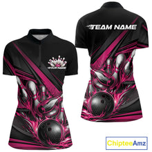Load image into Gallery viewer, Custom Black And Hot Pink Flame Bowling Team Jersey, Tournament Women Quarter-Zip Shirt IPHW11208