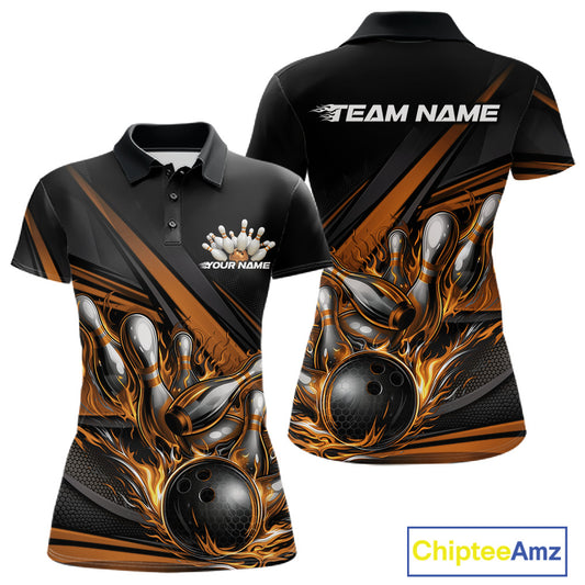 Women’s polo shirt mockup front and back featuring gold flame bowling ball striking pins with abstract geometric stripe design on black