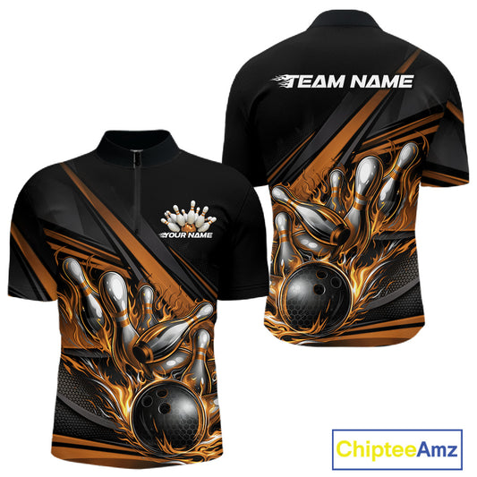 Front and back view of a men’s quarter-zip bowling shirt mockup in black, featuring gold flame bowling ball striking pins with abstract geometric stripe accents.