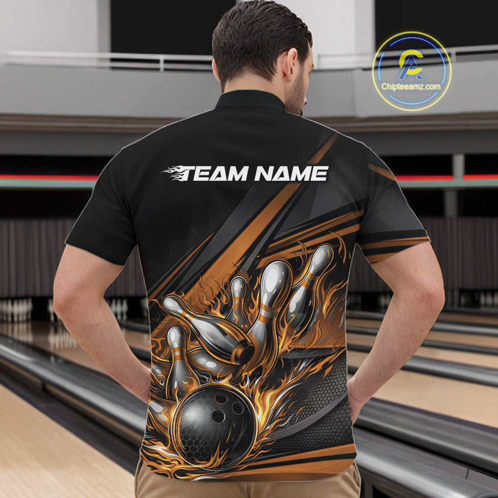 Male model in a bowling lane wearing a black quarter-zip shirt, gold flame bowling strike artwork with bold abstract stripe visuals.