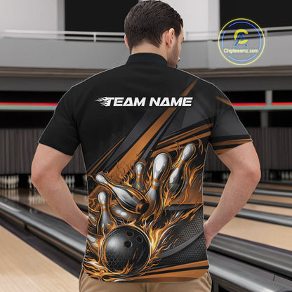 Male model in a bowling lane wearing a black quarter-zip shirt, gold flame bowling strike artwork with bold abstract stripe visuals.