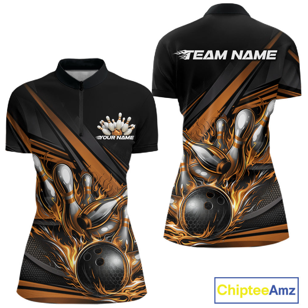 Front and back view of a women’s quarter-zip bowling shirt mockup in black, featuring gold flame bowling ball striking pins with geometric stripe pattern.