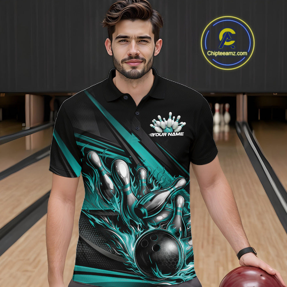 Male model in a bowling lane wearing black polo shirt, front view showcasing turquoise flame bowling ball hitting pins with geometric stripe design