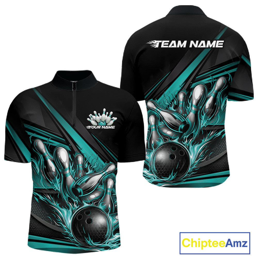Front and back view of a men’s quarter-zip bowling shirt mockup in black, featuring turquoise flame bowling ball and pins with abstract geometric stripes.
