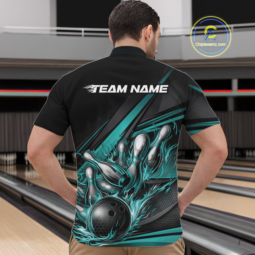 Male model in a bowling lane wearing a black quarter-zip shirt, turquoise flame bowling strike artwork with abstract striped sports graphics.