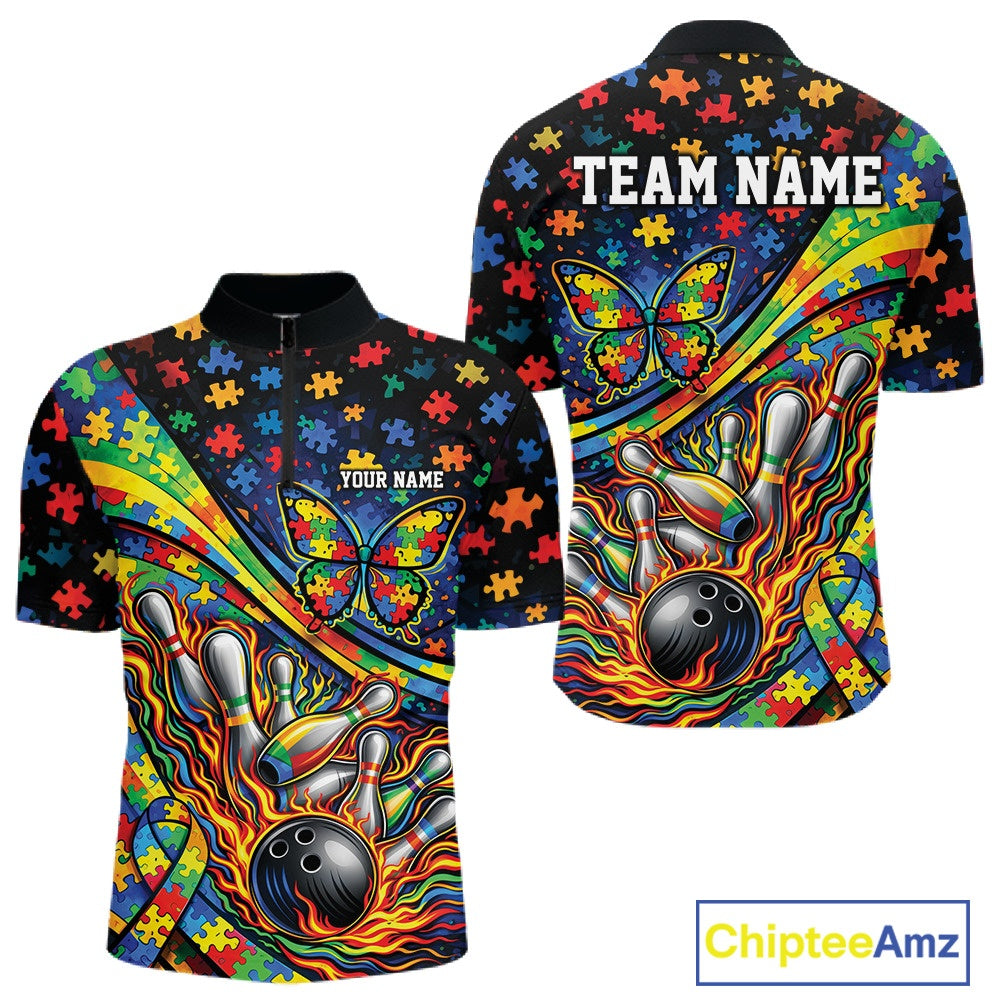 Front and back view of a men’s quarter-zip bowling shirt mockup featuring autism awareness ribbon, butterfly, and flame bowling design in colorful style.