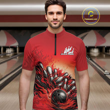 Load image into Gallery viewer, Custom Red Flame Bowling Tournament Men Quarter-Zip Team Shirt, Fire Bowling League Shirt IPHW11215