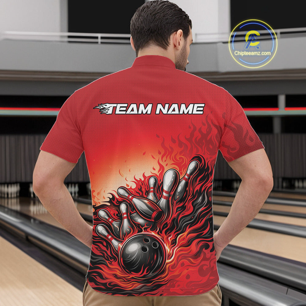 Male model in a bowling lane wearing a red quarter-zip shirt, fiery bowling strike artwork with bold motion bowling pin impact design.