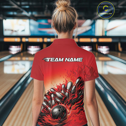 Back view of a female bowler wearing a red quarter-zip shirt, flame bowling ball and pins illustration with dynamic strike effect.