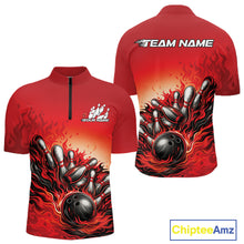 Load image into Gallery viewer, Custom Red Flame Bowling Tournament Men Quarter-Zip Team Shirt, Fire Bowling League Shirt IPHW11215
