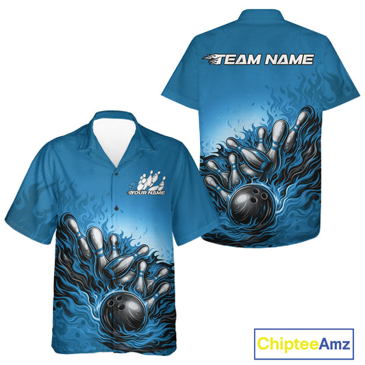 Button-up bowling shirt mockup featuring raccoon wearing sunglasses and a patriotic bandana leaning on a bowling ball playful character artwork