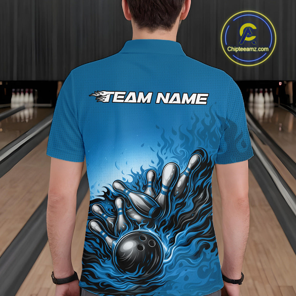 Male model at a bowling lane, back view of polo shirt showcasing raccoon character leaning on bowling ball artwork