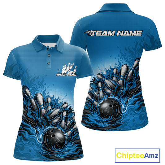 Front And Back View Of Women Polo Shirt Mockup Featuring Raccoon Wearing Sunglasses And Patriotic Bandana Leaning On Bowling Ball Illustration