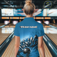 Load image into Gallery viewer, Custom Blue Flame Bowling Tournament Women Polo Team Shirt, Fire Bowling League Shirt IPHW11216