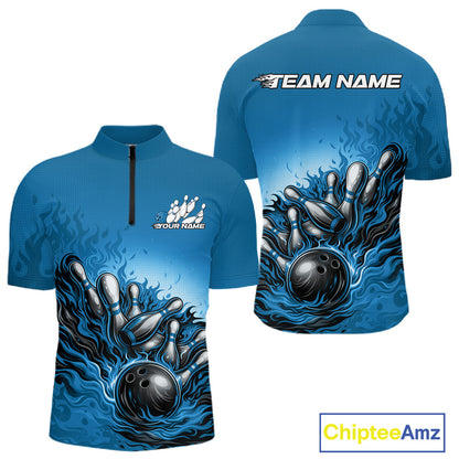 Front and back view of a men’s quarter-zip bowling shirt mockup featuring a raccoon wearing sunglasses and a patriotic bandana leaning on a bowling ball.