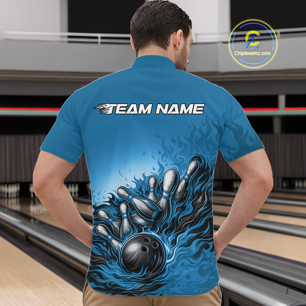 In a bowling lane, male model wearing a quarter-zip shirt, raccoon character with sunglasses and patriotic bandana leaning on a bowling ball graphic artwork.