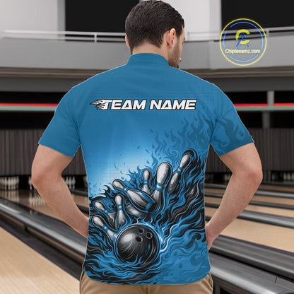 In a bowling lane, male model wearing a quarter-zip shirt, raccoon character with sunglasses and patriotic bandana leaning on a bowling ball graphic artwork.
