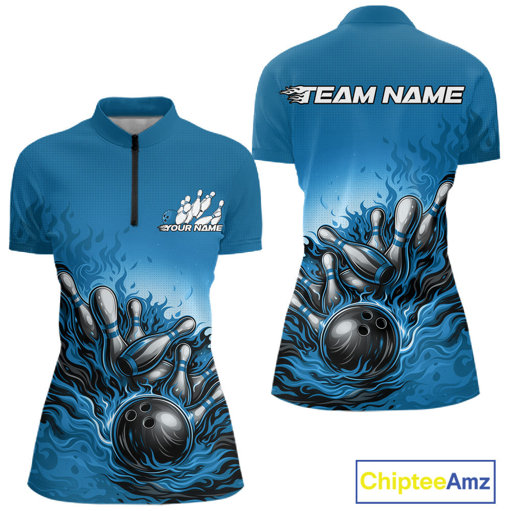 Front and back view of a women’s quarter-zip bowling shirt mockup featuring a raccoon wearing sunglasses and a patriotic bandana leaning on a bowling ball.