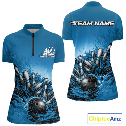Front and back view of a women’s quarter-zip bowling shirt mockup featuring a raccoon wearing sunglasses and a patriotic bandana leaning on a bowling ball.