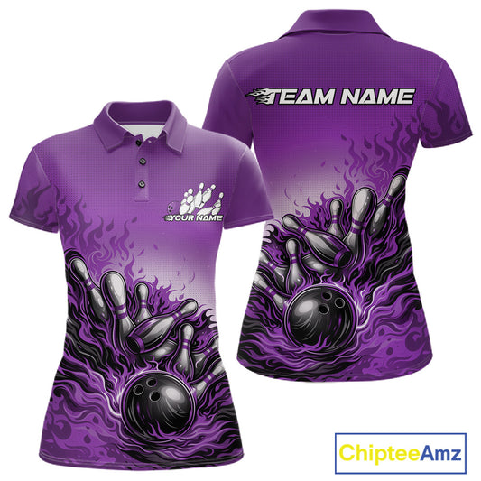 Front And Back View Of Women Polo Shirt Mockup In Purple Showcasing Flaming Bowling Ball Striking Pins With Dramatic Fire Effects