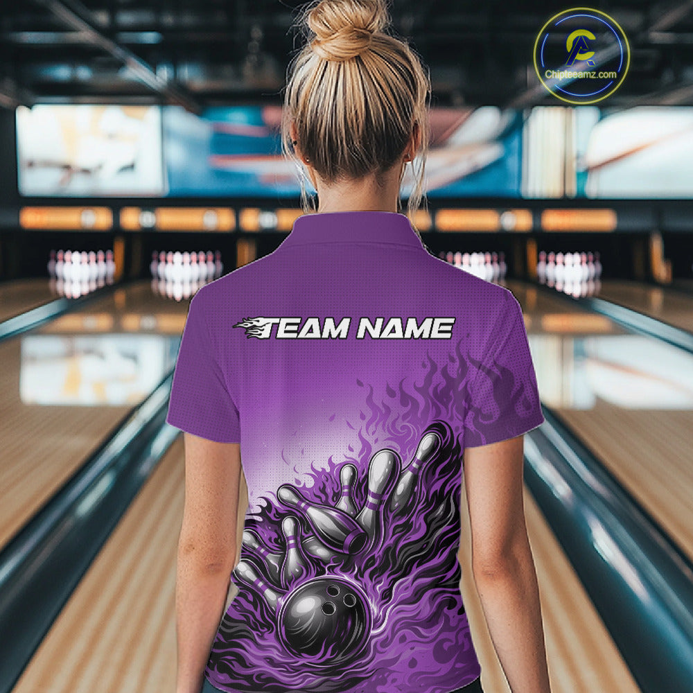 Back View Female Model Wearing Purple Bowling Polo Shirt Featuring Fiery Bowling Ball And Pins Illustration With Bold Action Styling