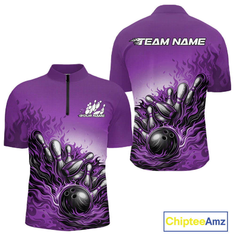 Front and back view of a men’s quarter-zip bowling shirt mockup in purple, featuring flame bowling ball and pins dynamic action design.