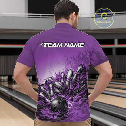 Male model in a bowling lane wearing a purple quarter-zip shirt, fiery bowling ball hitting pins with dynamic sports illustration.
