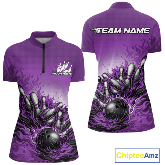 Front and back view of a women’s quarter-zip bowling shirt mockup in purple, featuring flame bowling ball and pins dynamic sports illustration.