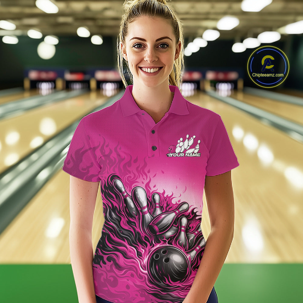 Female Model In Bowling Alley Front View Wearing Pink Polo Shirt With Flaming Bowling Ball Hitting Pins And Fiery Motion Graphics