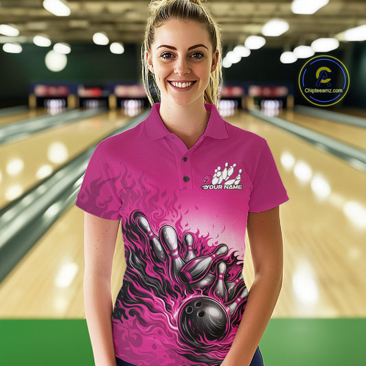 Female Model In Bowling Alley Front View Wearing Pink Polo Shirt With Flaming Bowling Ball Hitting Pins And Fiery Motion Graphics